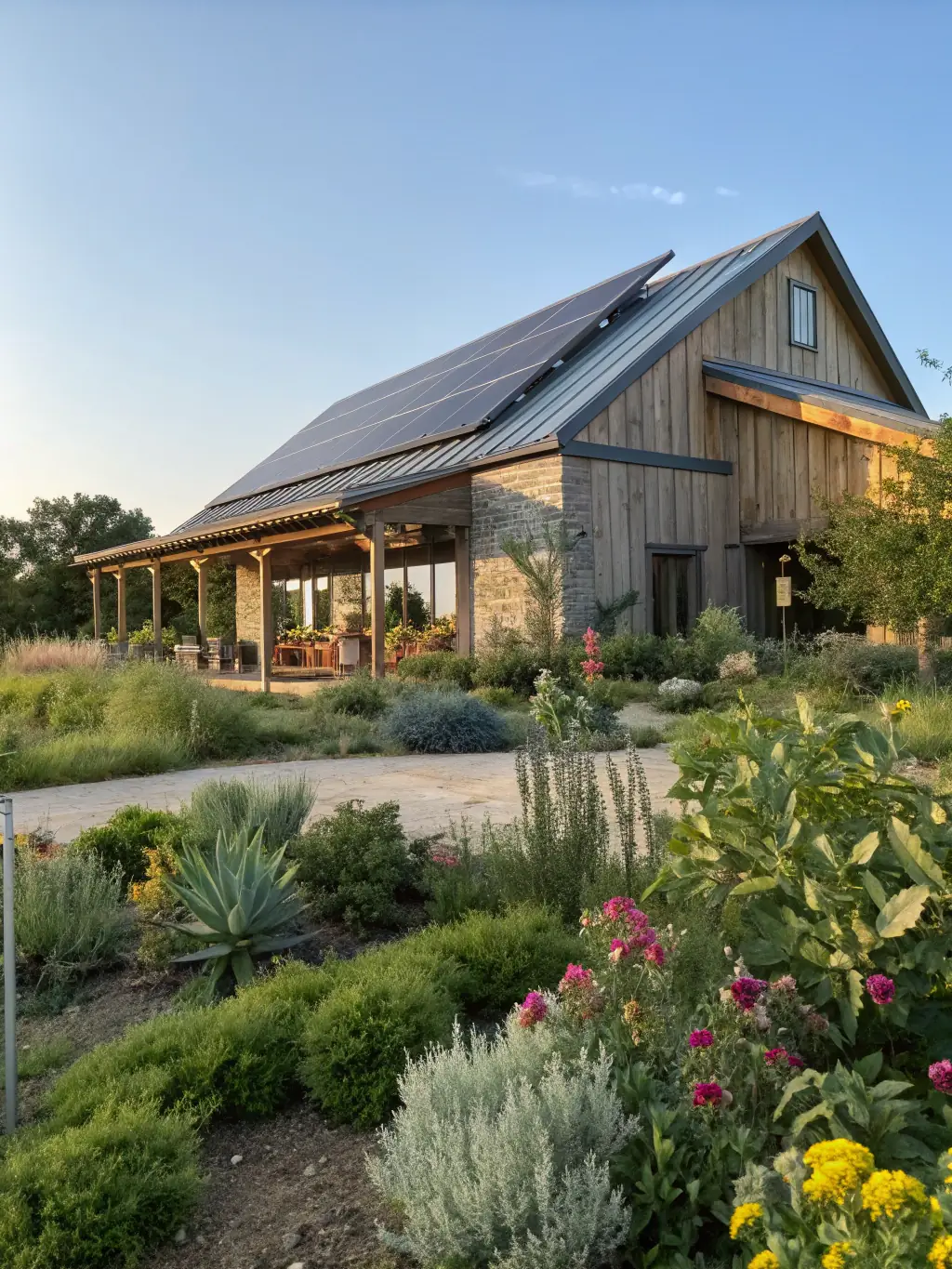 A contemporary barndominium with a sleek design and a large garage, located in a vibrant suburban neighborhood. The image should suggest convenience and accessibility.