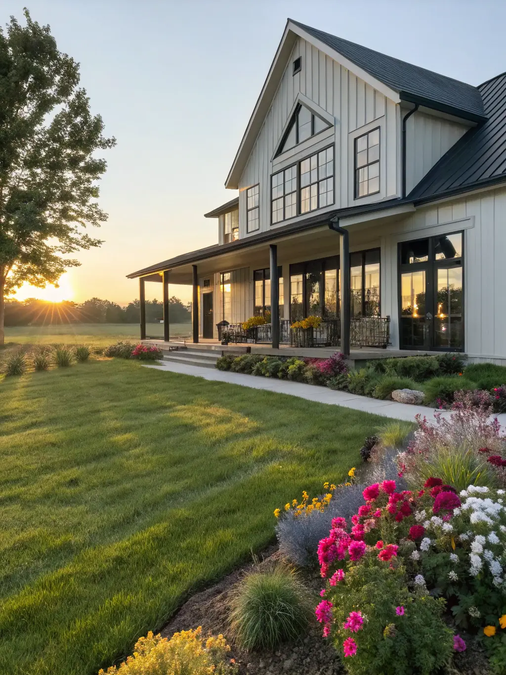 A rustic barndominium featuring a wraparound porch and a stone chimney, surrounded by a lush green forest. The image should evoke a feeling of warmth and tranquility.